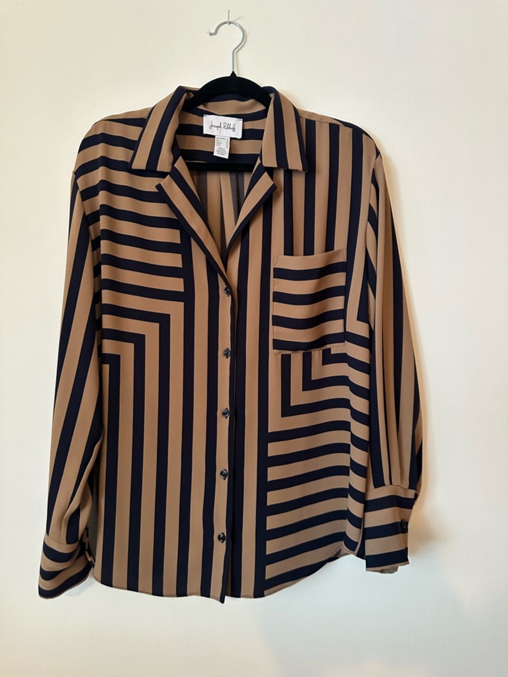 Joseph Ribkoff Striped Geometric Button-Up Blouse in Camel & Navy